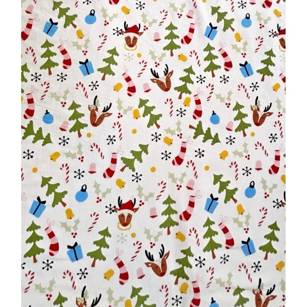 Christmas Holiday Theme Shower Curtain Tree Reindeer Holly Candy Cane Gift Bell